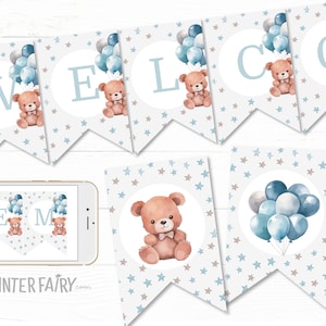 Bear Baby Shower Banner, Editable, Teddy Bear Baby Shower Decoration, Bear Baby Sprinkle Bunting Banner, Bearly Wait, Editable Printable