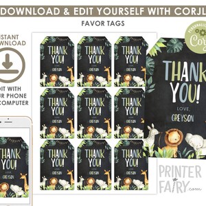Safari Favor Tags, EDITABLE, Jungle Favor Tags, Jungle Birthday Party, Safari Birthday, EDIT YOURSELF Digital, Instant Download