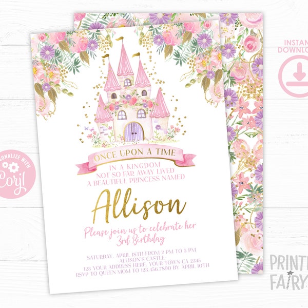 Princess Birthday Invitation, EDITABLE, Royal Birthday Invitation, Once Upon a Time Invite, Any age, EDIT YOURSELF Digital, Instant Download