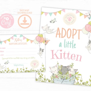 Kitty Cat Birthday Adoption Party, Kitten Garden Birthday, Cat Adoption Certificate, Printable, Kitty Cat Adoption Sign, Pet Adoption Party