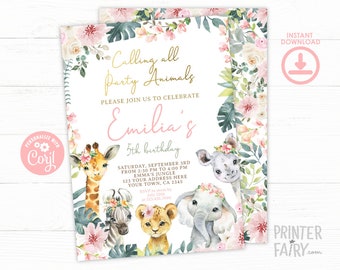 Safari Birthday Invitation, EDITABLE Jungle Invitation, Safari Birthday Invitation, Girl Birthday Invitation, Floral, INSTANT DOWNLOAD