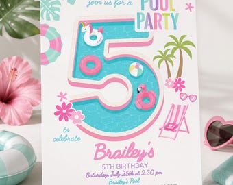 Girl Pool Party 5th Birthday Invitation Editable Pink Flamingo Unicorn Template, INSTANT DOWNLOAD