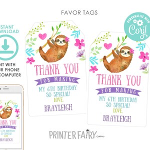 K&ouml;nnte beinhalten: Druckbare Dankesch&ouml;n-Etiketten mit einem Cartoon-Faultier mit Blumen. Der Text lautet "Vielen Dank, dass du meinen 6. Geburtstag so besonders gemacht hast! Liebe, Brayleigh".