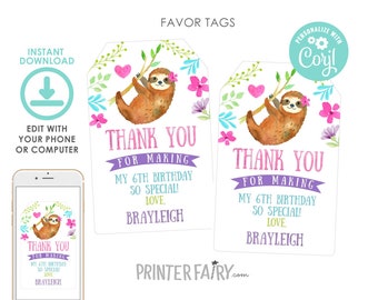 Sloth Favor Tags, EDITABLE, Sloth Birthday Party, Sloth Thank You Tags, Bear Birthday, Jungle Invitation, INSTANT DOWNLOAD