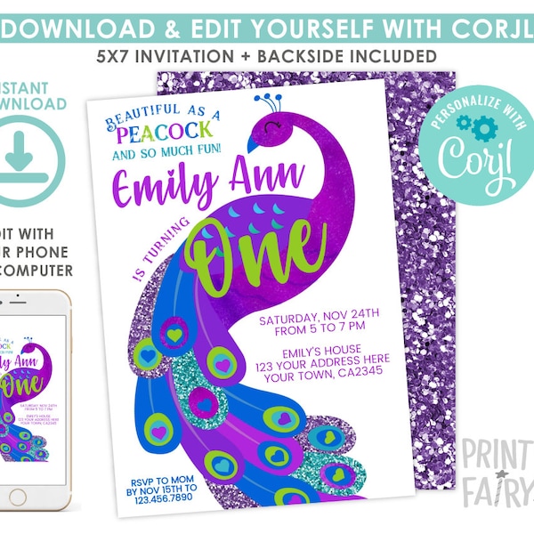 Peacock First Birthday Invitation, EDITABLE, Feather Invitation, Peacock Birthday Party, Purple Teal Blue, EDIT YOURSELF Digital Invite