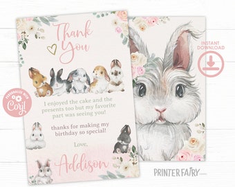 Bunny Thank You Card, EDITABLE, Bunny Thank You Note, Easter Thank You Card, Spring Birthday, Floral, INSTANT DOWNLOAD