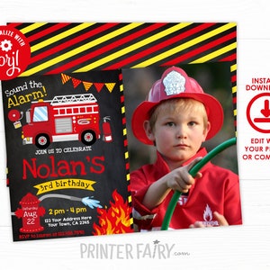 Firefighter Invitation with photo, EDITABLE Fire fighter Birthday Party, Fireman Invitation, Firetruck Birthday Invitation, INSTANT DOWNLOAD