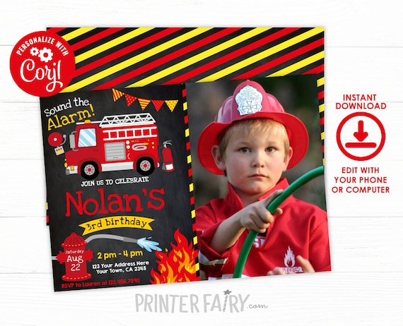 Firefighter Invitation with photo, EDITABLE Fire fighter Birthday Party, Fireman Invitation, Firetruck Birthday Invitation, INSTANT DOWNLOAD Il_570xn