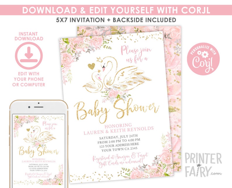 Swan Baby Shower Invitation, Swan Baby Shower Invite, Editable Invite, Baby Shower Invite, Floral Baby Shower, INSTANT DOWNLOAD image 2