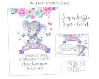 Elephant Diaper Raffle, Inserts and Sign, Elephant Baby Shower, Girl Baby Shower Activities, Elephant First Birthday, Instant Download