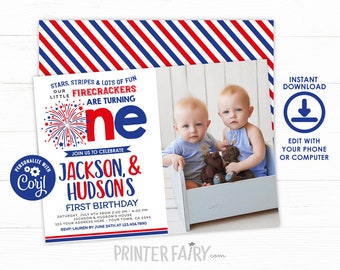 Little Firecrackers Twins Invitation with Photo, EDITABLE, First Birthday Party, 4th of July Invitation, Fourth of July, INSTANT DOWNLOAD