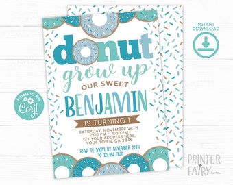 Donut Grow Up Boy Invitation, Donut Invitation, EDITABLE, Donut First Birthday Invitation, Donut Party, INSTANT DOWNLOAD