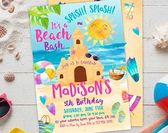 Beach Birthday Party Invitation Editable Template, Sand Castle Invite, Instant Download
