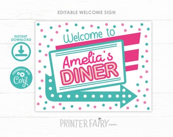 Diner Birthday Welcome Sign, 50s Birthday Party, Retro Birthday, Music Party, Ice Cream Sign, INSTANT DOWNLOAD