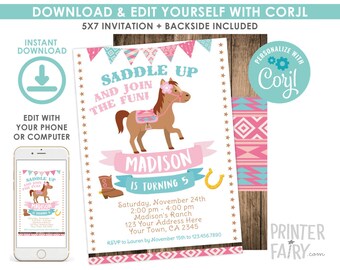 Horse EDITABLE Invitation, Cowgirl Birthday Invitation, Pony Party, Outdoor Birthday, Digital Printable Invitation, Instant Download