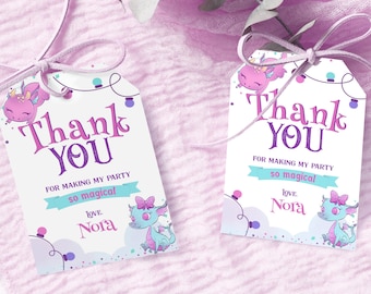 Dragon Birthday Party Thank You Tags, Dragon Favor Tags, Girl Dragon Party, Cute Dragon Party Favors, Instant Download, Printable Template