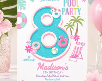 Editable Pool Party Invitation, Girl's 8th Birthday Summer Template, Instant Download