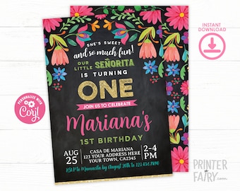 EDITABLE Fiesta 1st Birthday Invitation Chalkboard, Cinco de Mayo Birthday Party, Little Senorita, Any Age, EDIT YOURSELF Digital Invite