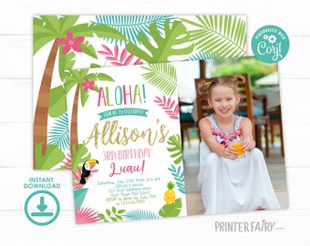 Luau Invitation with photo, EDITABLE, Beach Birthday Party, Luau Birthday Invitation, Luau BirthdayParty, Tropical, INSTANT DOWNLOAD