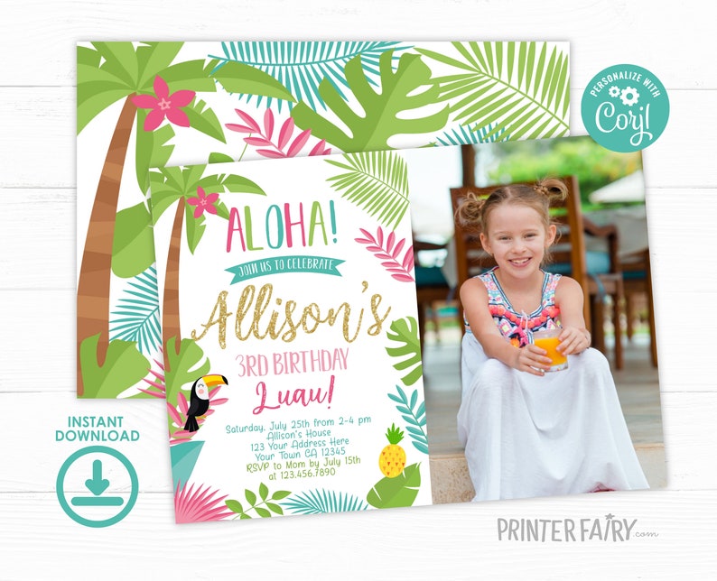 Luau Invitation with photo, EDITABLE, Beach Birthday Party, Luau Birthday Invitation, Luau BirthdayParty, Tropical, INSTANT DOWNLOAD image 1