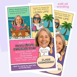 Invito per la festa di pensionamento dell'insegnante con foto, modello modificabile, invito a tema fumetto per il pensionamento, invito per il pensionamento, download immediato