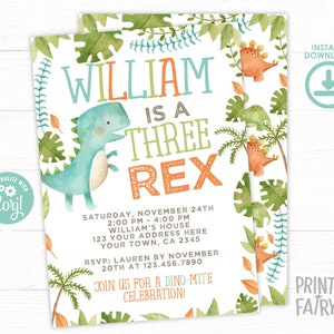 Three Rex Invitation, EDITABLE, Dinosaur Birthday Invitation, Dinosaur Birthday Party, EDIT YOURSELF Digital Invite, Instant Download