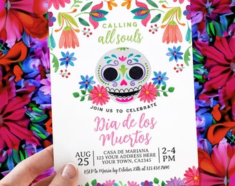 Editable Day of the Dead Party Invitation, Dia de los Muertos Fiesta, Halloween Invitation, Sugar Skull Invitation EDIT YOURSELF