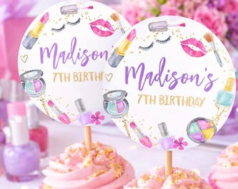 Adornos editables para cupcakes de fiesta de spa, etiquetas para fiesta de pijamas con maquillaje glamuroso (descarga digital)