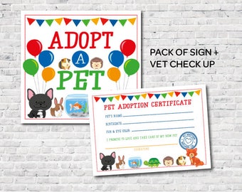 Pet adoption center sign, Pet adoption certificate, Pet Adoption Birthday Party, Pet shop birthday party, Printables, Instant Download