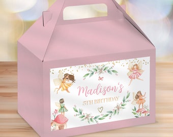 Editable Fairy Party Gable Box Labels, Whimsical Fairy Fall Birthday Favor Box Tags, Princess Garden Theme, Girl's Birthday Party Favors