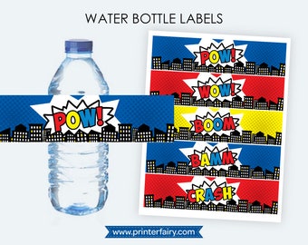 Superhero Water Bottle Labels, Superheroes Birthday Party Decor, Superhero Labels, Birthday Party, Instant download