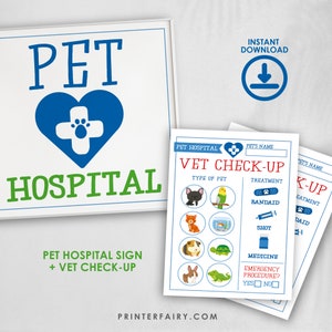 Pet Hospital sign, Vet check up, Pet Adoption Birthday Party, Printable sign and check up, Instant Download