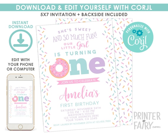 Donut First Birthday Invitation, EDITABLE, Sprinkles 1st Birthday Party, Donut Party, First Birthday EDIT YOURSELF Digital Invite Il_570xn