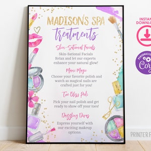Spa Party Treatments Sign, Editable, Glitz & Glam Party Activities, Spa Birthday Party Sign, Glam Makeup Slumber Party Treatments Card