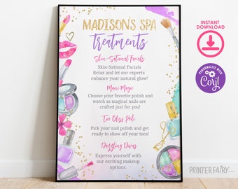 Spa Party Treatments Sign, Editable, Glitz & Glam Party Activities, Spa Birthday Party Sign, Glam Makeup Slumber Party Treatments Card