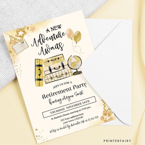 Invitation à la fête de retraite, « Une nouvelle aventure vous attend », carte d’invitation à la retraite, téléchargement instantané, modifiable en Corjl
