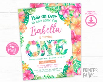 Luau First Birthday Invitation, Editable, Hawaiian Invitation, Tropical Invite, Luau Birthday Party Invite,Luau Birthday Invitation Template