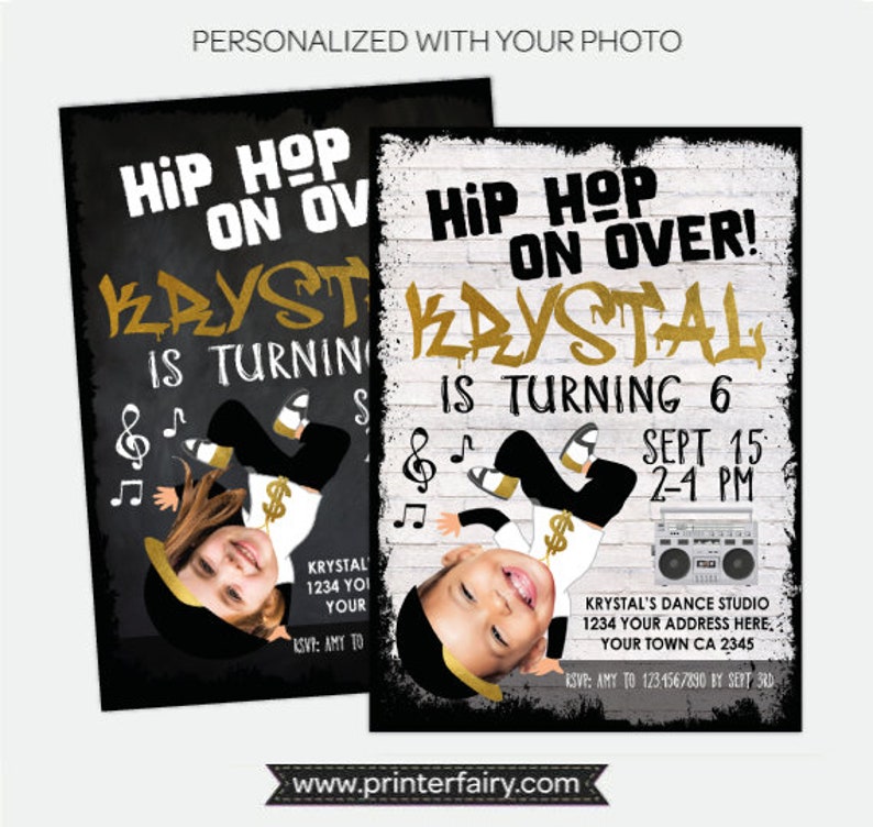 Hip Hop Invitation with Photo, Dance Party Invitation, Hip Hop Party, Music Invitation, Girls Personalized Digital Invitation, 2 options image 1