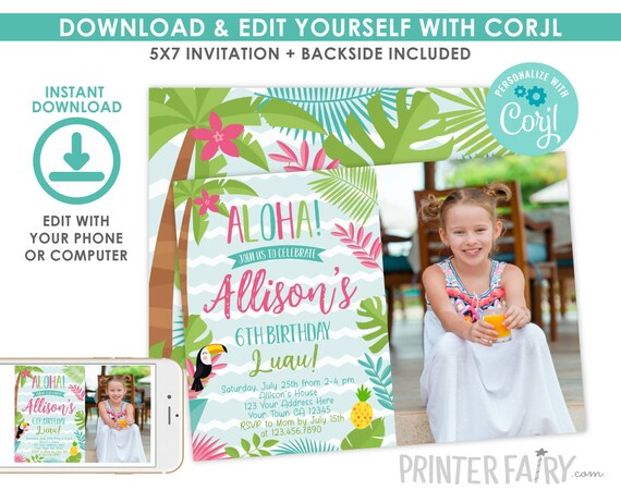 Luau Invitation with photo, EDITABLE, Beach Birthday Party, Luau Birthday Invitation, Luau BirthdayParty, Tropical, INSTANT DOWNLOAD Il_570xn