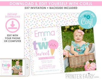 Two Sweet Ice Cream Invitation with Photo, 2nd Birthday, EDITABLE, Ice Cream Invitation, EDIT YOURSELF with Corjl