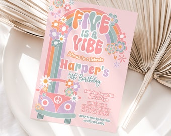 Editable Five is a Vibe Groovy Invitation 5th Birthday Daisy Invitation 70s Hippie Party Rainbow Party Digital Instant Download GR1