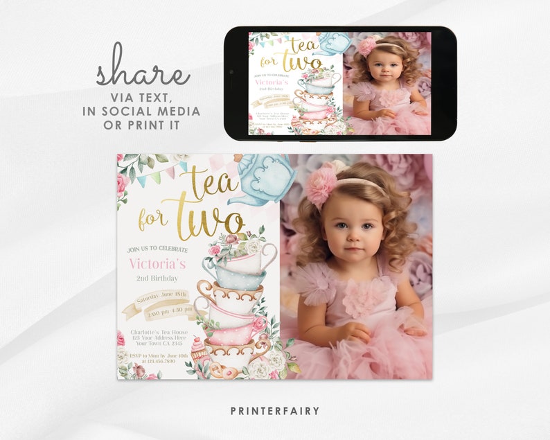 Tea Party Photo Invitation, Wonderland Birthday, Editable Corjl Template image 3