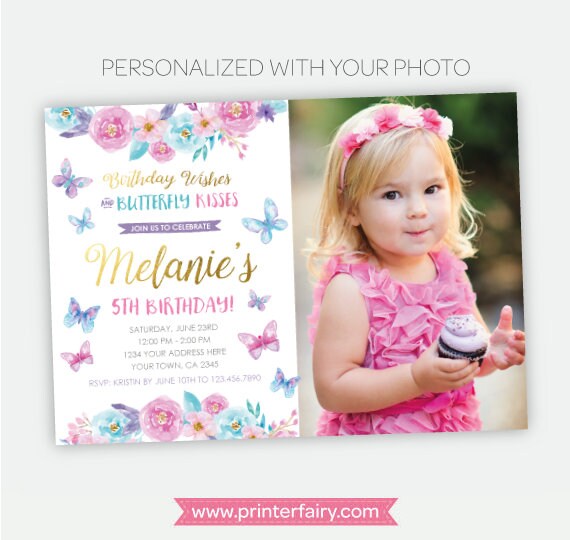 Butterfly Birthday Invitation with Photo, Spring Birthday Party, Garden Invitation, Floral Invite, Personalized Invitation, 2 options Il_570xn