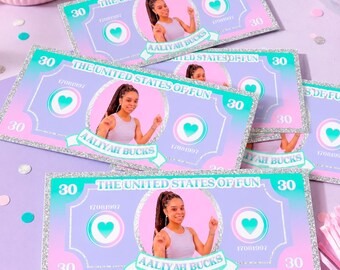 Birthday Play Money Editable Template, Custom Photo Purple Party Favor, INSTANT DOWNLOAD