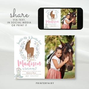 Horse Birthday Invitation with photo, Cowgirl Invitation, Pony Party Invitation, Horse Invites, Floral Birthday Invitation, INSTANT DOWNLOAD image 2