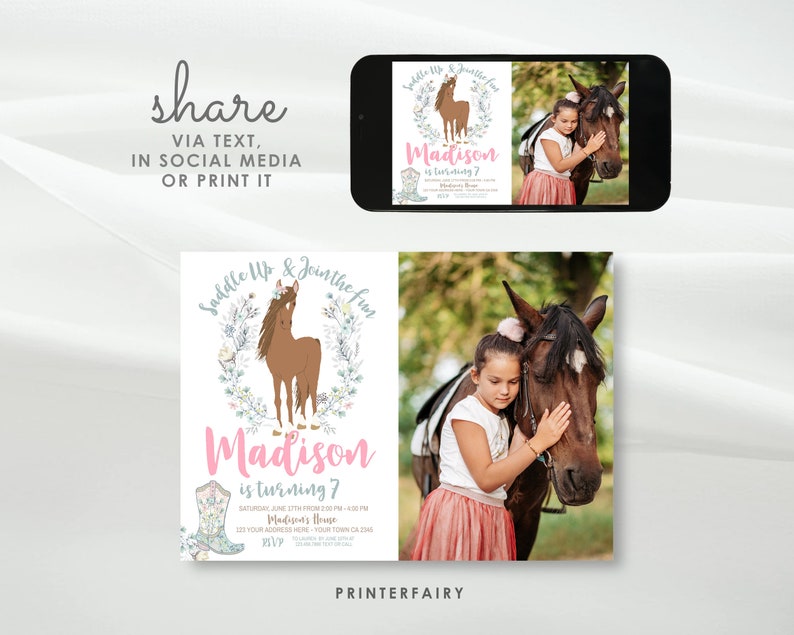 Horse Birthday Invitation with photo, Cowgirl Invitation, Pony Party Invitation, Horse Invites, Floral Birthday Invitation, INSTANT DOWNLOAD image 2