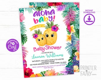 Pineapple Baby Shower Invitation, Editable, Tropical Shower Invitation, Luau Baby Shower Invitation, Pineapple Invite, Instant Download