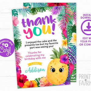 Pineapple Thank You Card, Editable, Tropical Birthday Party, Luau Thank You Cards, Pineapple Party, Instant Download