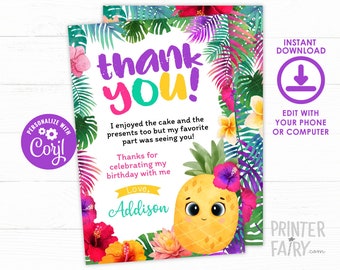 Pineapple Thank You Card, Editable, Tropical Birthday Party, Luau Thank You Cards, Pineapple Party, Instant Download