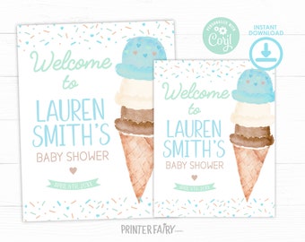 Ice Cream Baby Shower Welcome Sign, Baby Sprinkle Sign, Ice Cream Cone Watercolor Invitation, Boy Baby Shower, Blue Ice Cream Baby Shower